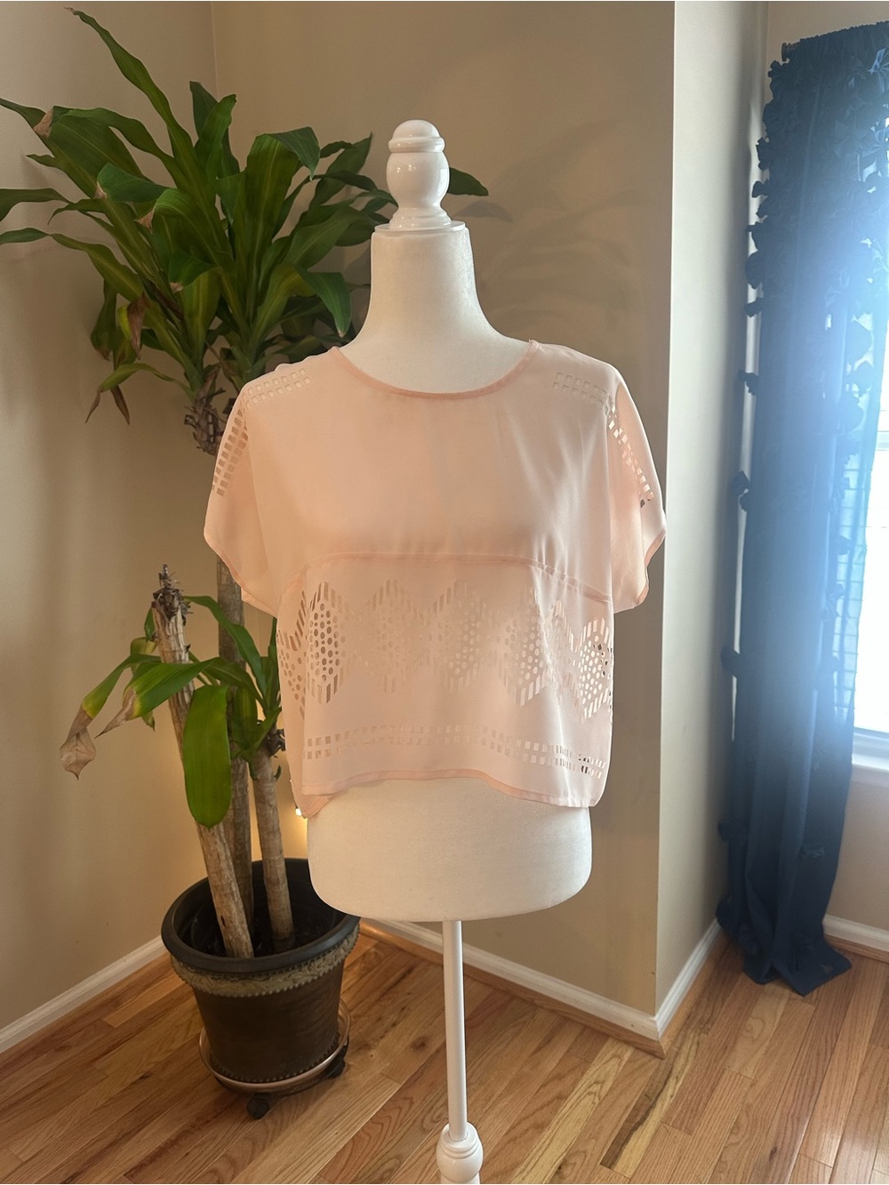 Women's Blush Pink Short Sleeve Laser Cut Top